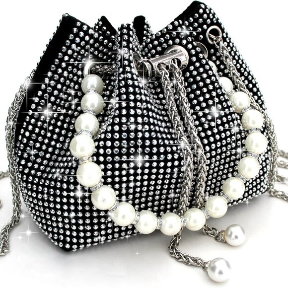 Handbags - Evening Bucket Handbag Women Silver Rhinestone Pearl Clutch for Party Wedding